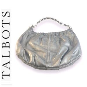 TALBOTS Metallic Gray Leather Hobo Shoulder Bag with Silver Tone Hardware